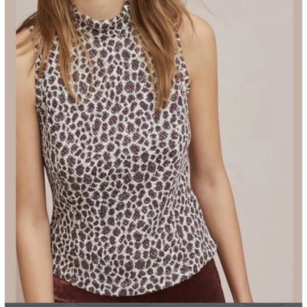 Anthropologie Akemi + Kin Leopard Print Mock Neck Sleeveless Top Burgundy M